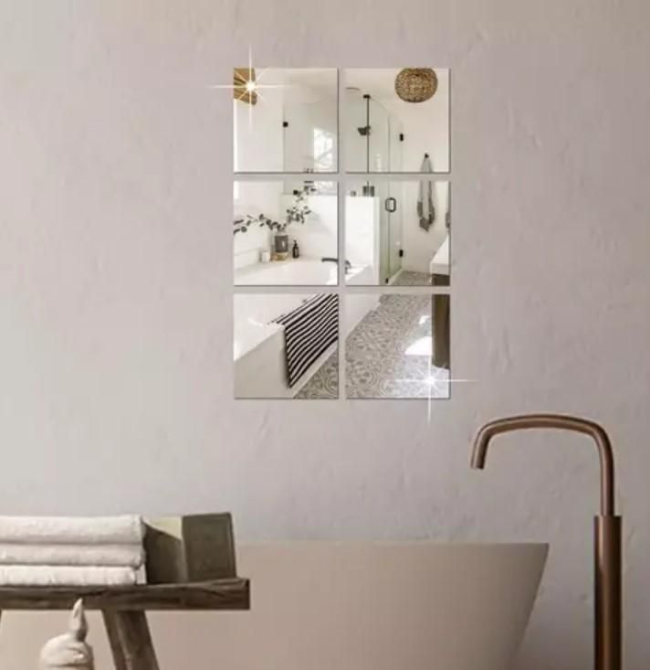 4 Big Square Silver 3D Acrylic Mirror Wall Sticker